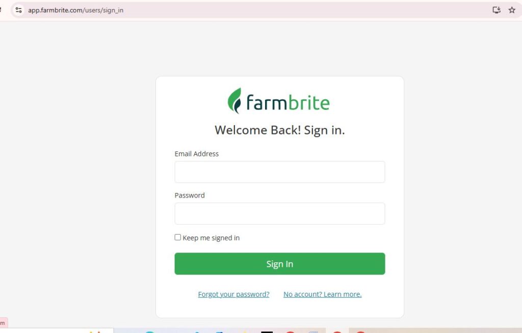 Farmbrite Login Page on Desktop