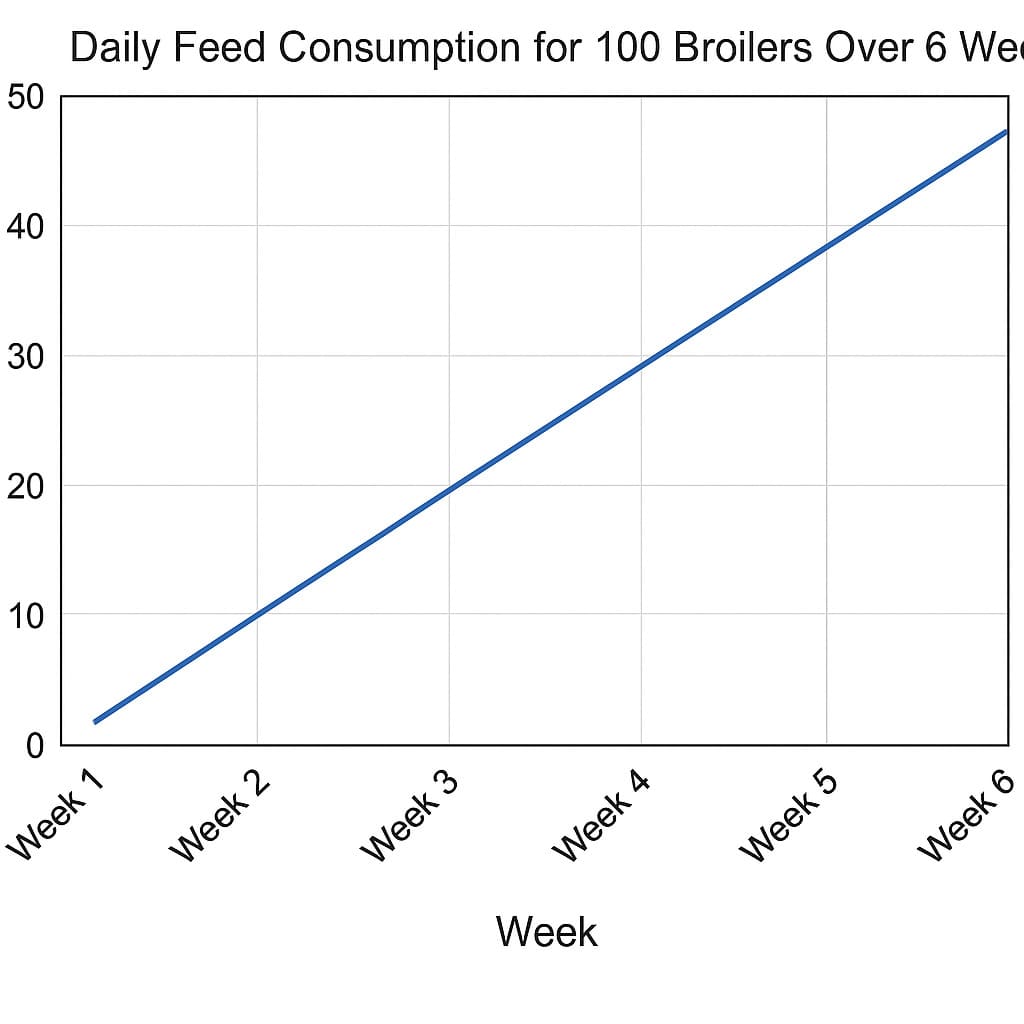 line graph here showing daily feed consumption for 100 broilers over 6 weeks
