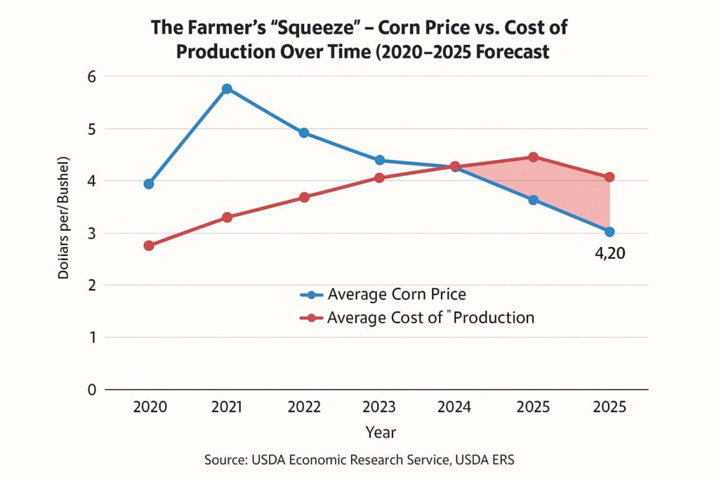 Line chart showing U.S. average corn prices and production costs per bushel from 2020 to 2025. Corn prices peak in 2021 then decline through 2025, while production costs rise steadily. By 2025, the cost line crosses above the price line, illustrating a negative margin or “squeeze” for farmers. Shaded areas highlight the changing margin between price and cost.