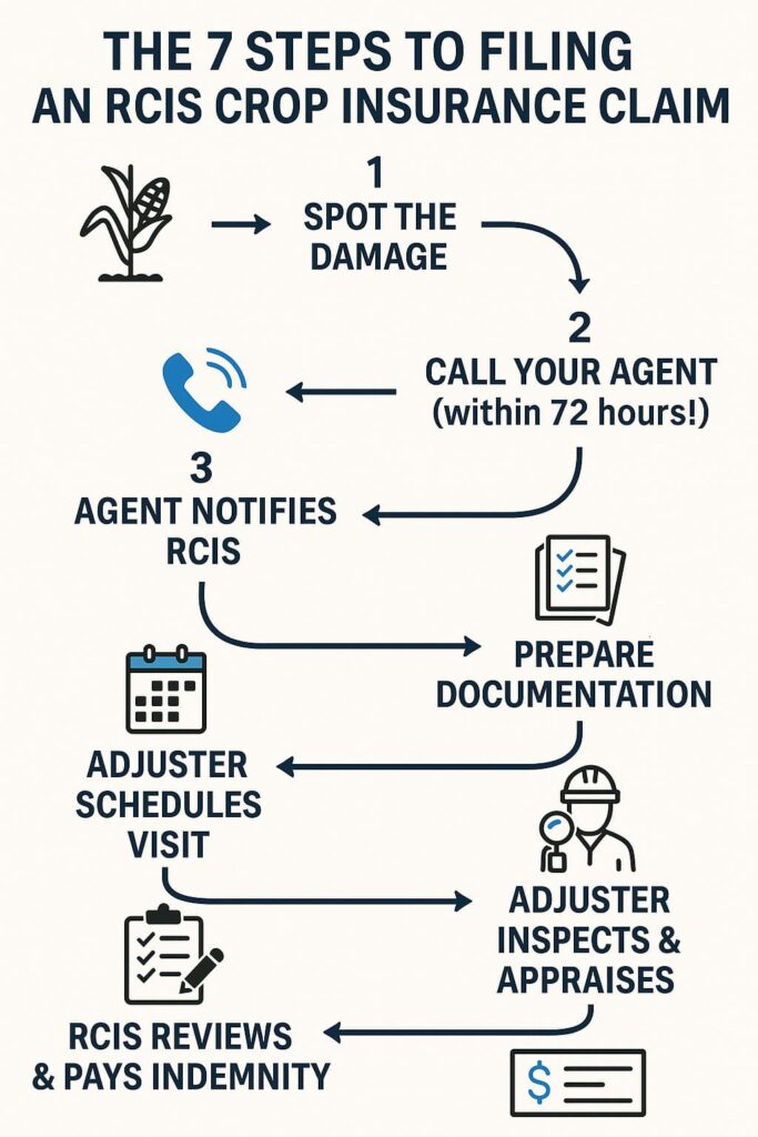 Infographic detailing the 7 steps to file an RCIS crop insurance claim: 1. Spot the Damage, 2. Call Your Agent (within 72 hours), 3. Agent Notifies RCIS, 4. Adjuster Schedules Visit, 5. Prepare Documentation, 6. Adjuster Inspects & Appraises, 7. RCIS Reviews & Pays Indemnity.